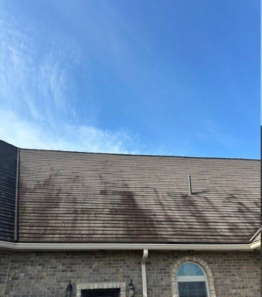 Roof before cleaning — dark algae streaks across shingles